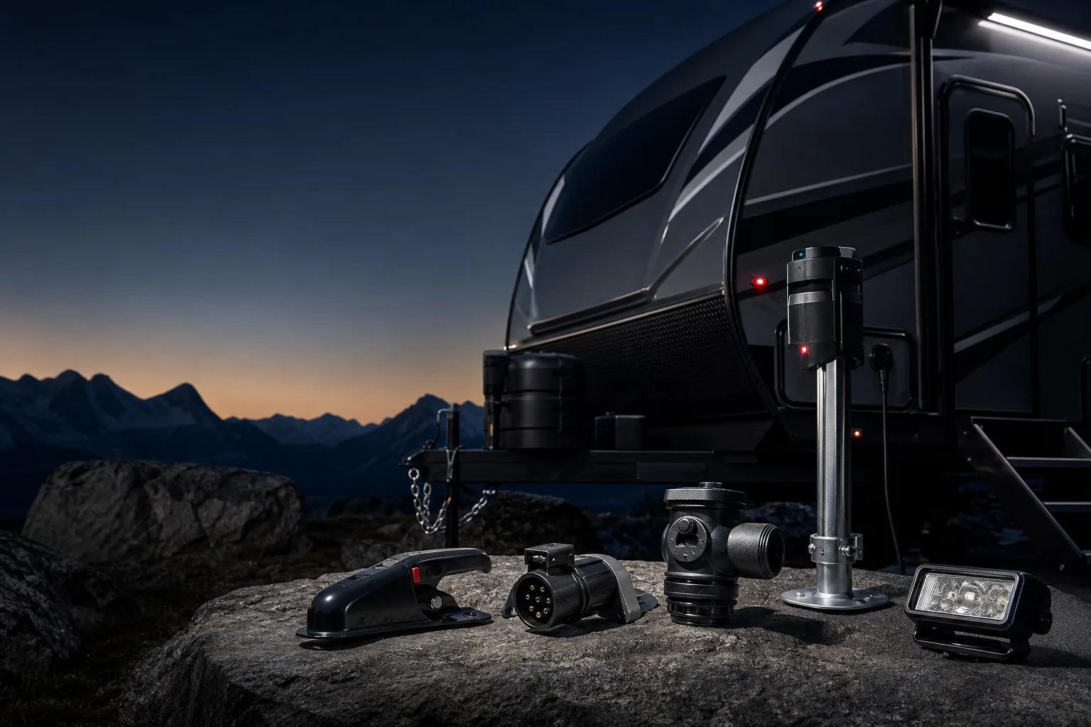 RV towing, leveling, electrical and water-system parts